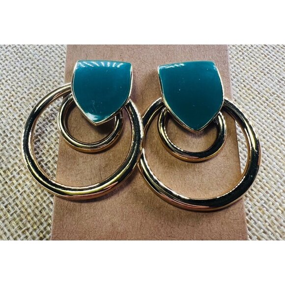 Vintage Monet Green Teal Enamel & Gold-Tone Statement Earrings stud pierced - Picture 1 of 5